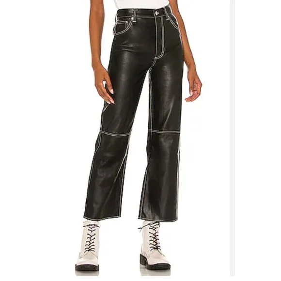 We The Free Free People Black Vegan Leather Contrast Stitch Pants High Rise 2 - Picture 1 of 5